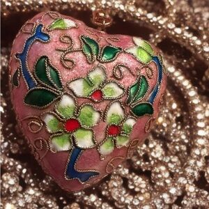 Cloisonné Floral Heart Pendant with Pink and Green Enamel